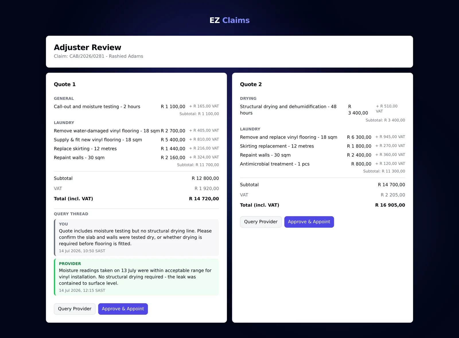 Easy Claims adjuster review screen comparing two anonymised quotes, Quote 1 and Quote 2, with no provider names shown