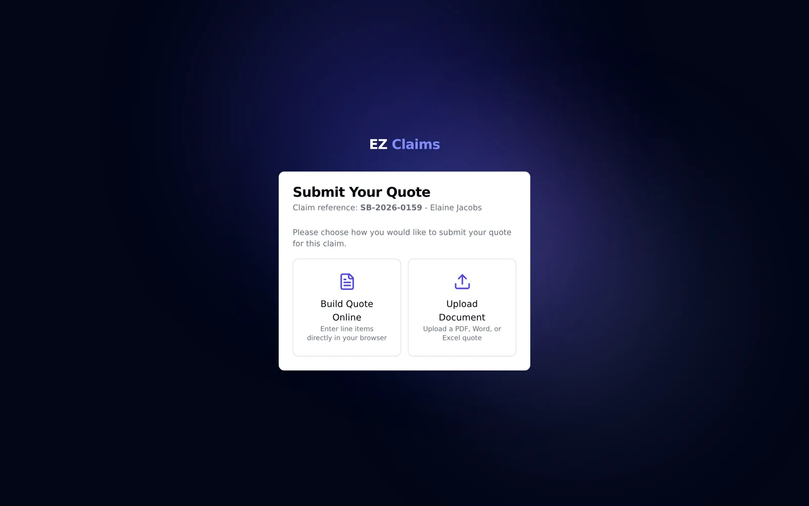 The landing page a service provider sees after clicking their emailed quote link, with options to build a quote online or upload a document