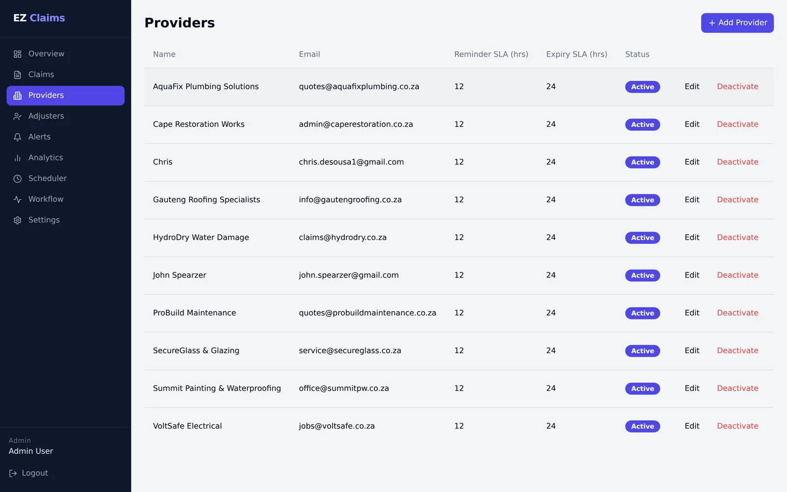 Easy Claims provider panel management screen listing service providers across plumbing, roofing, water damage restoration, electrical and glazing trades