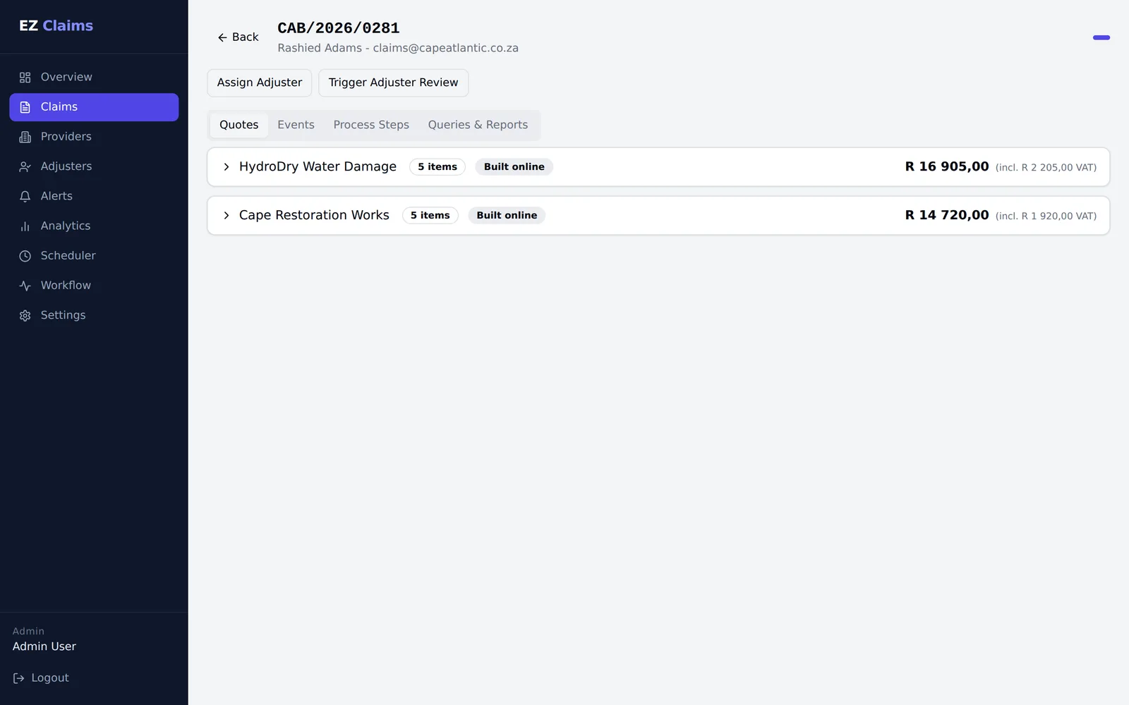EZ Claims claim detail view comparing two competing repair quotes side by side